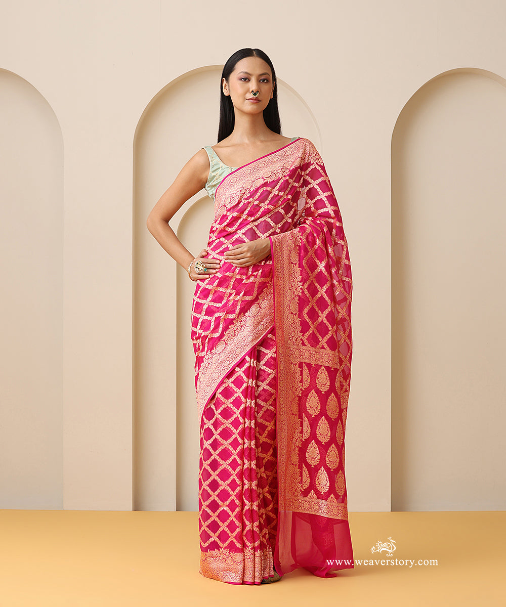 Rani_Pink_Handloom_Pure_Georgette_Saree_With_Allover_Jaal_WeaverStory_01