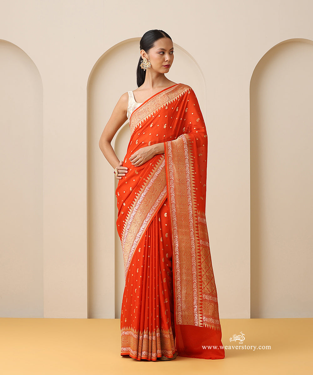 Handloom_Orange_Pure_Georgette_Banarasi_Cutwork_Saree_With_Gold_Zari_Booti_WeaverStory_01
