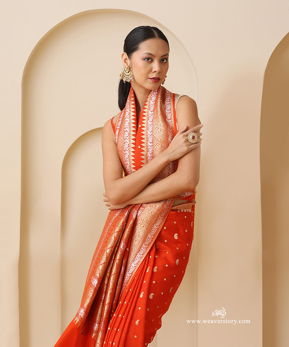 Handloom_Orange_Pure_Georgette_Banarasi_Cutwork_Saree_With_Gold_Zari_Booti_WeaverStory_02
