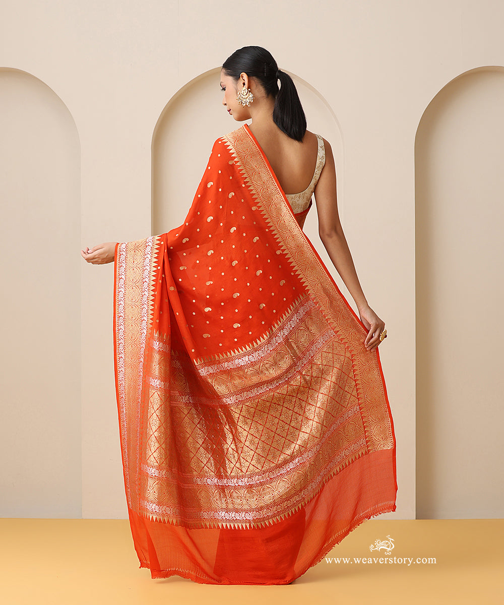 Handloom_Orange_Pure_Georgette_Banarasi_Cutwork_Saree_With_Gold_Zari_Booti_WeaverStory_03