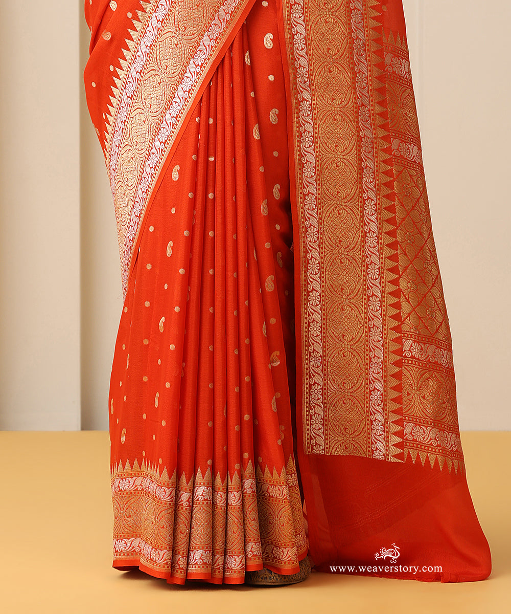 Handloom_Orange_Pure_Georgette_Banarasi_Cutwork_Saree_With_Gold_Zari_Booti_WeaverStory_04
