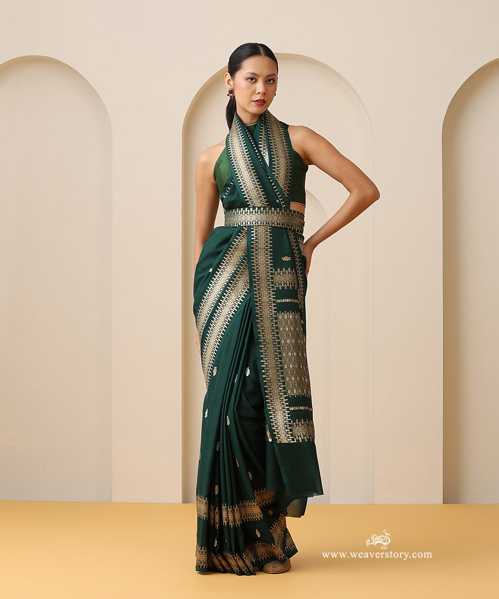 Handloom_Green_Pure_Georgette_Banarasi_Saree_With_Double_Border_Kadhwa_Meena_Booti_WeaverStory_01