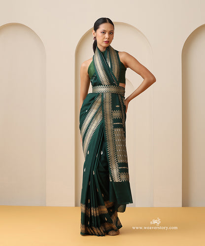 Handloom_Green_Pure_Georgette_Banarasi_Saree_With_Double_Border_Kadhwa_Meena_Booti_WeaverStory_01