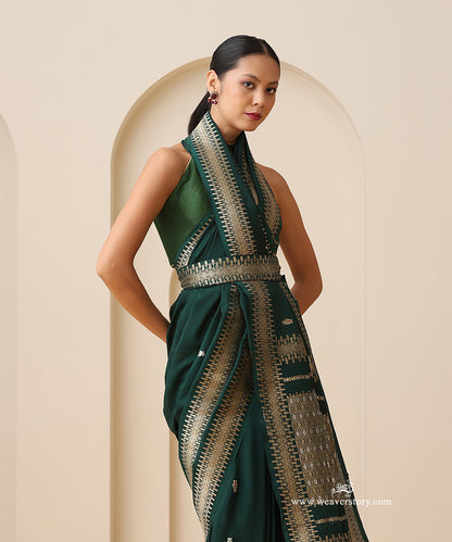 Handloom_Green_Pure_Georgette_Banarasi_Saree_With_Double_Border_Kadhwa_Meena_Booti_WeaverStory_02