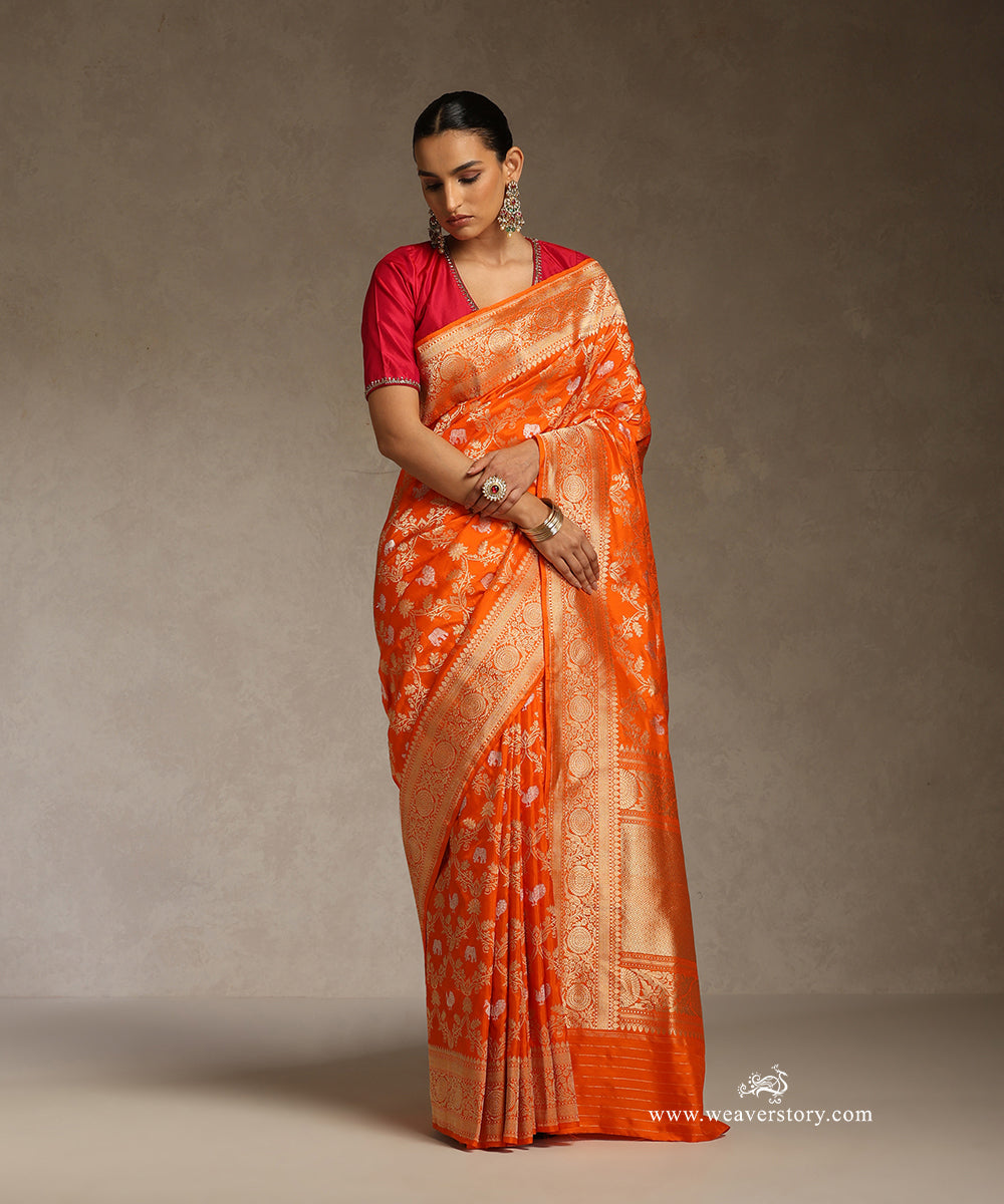 Orange_Handloom_Pure_Katan_Silk_Kadhwa_Banarasi_Saree_With_Sona_Rupa_Shirkargah_Jaal_WeaverStory_01