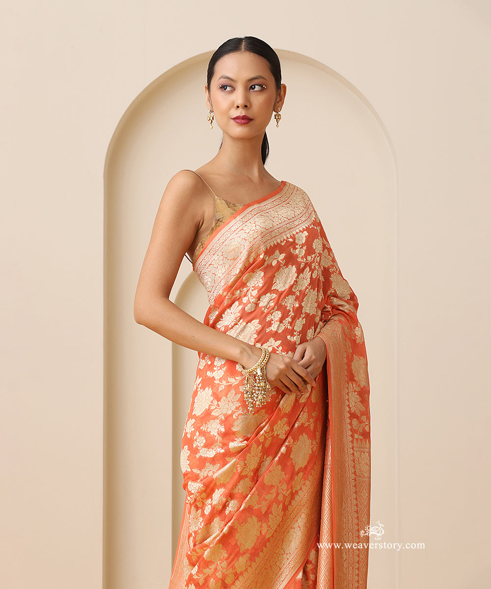 Peach_Orange_Handloom_Pure_Georgette_Banarasi_Cutwork_Saree_With_Allover_Rose_Jaal_WeaverStory_02