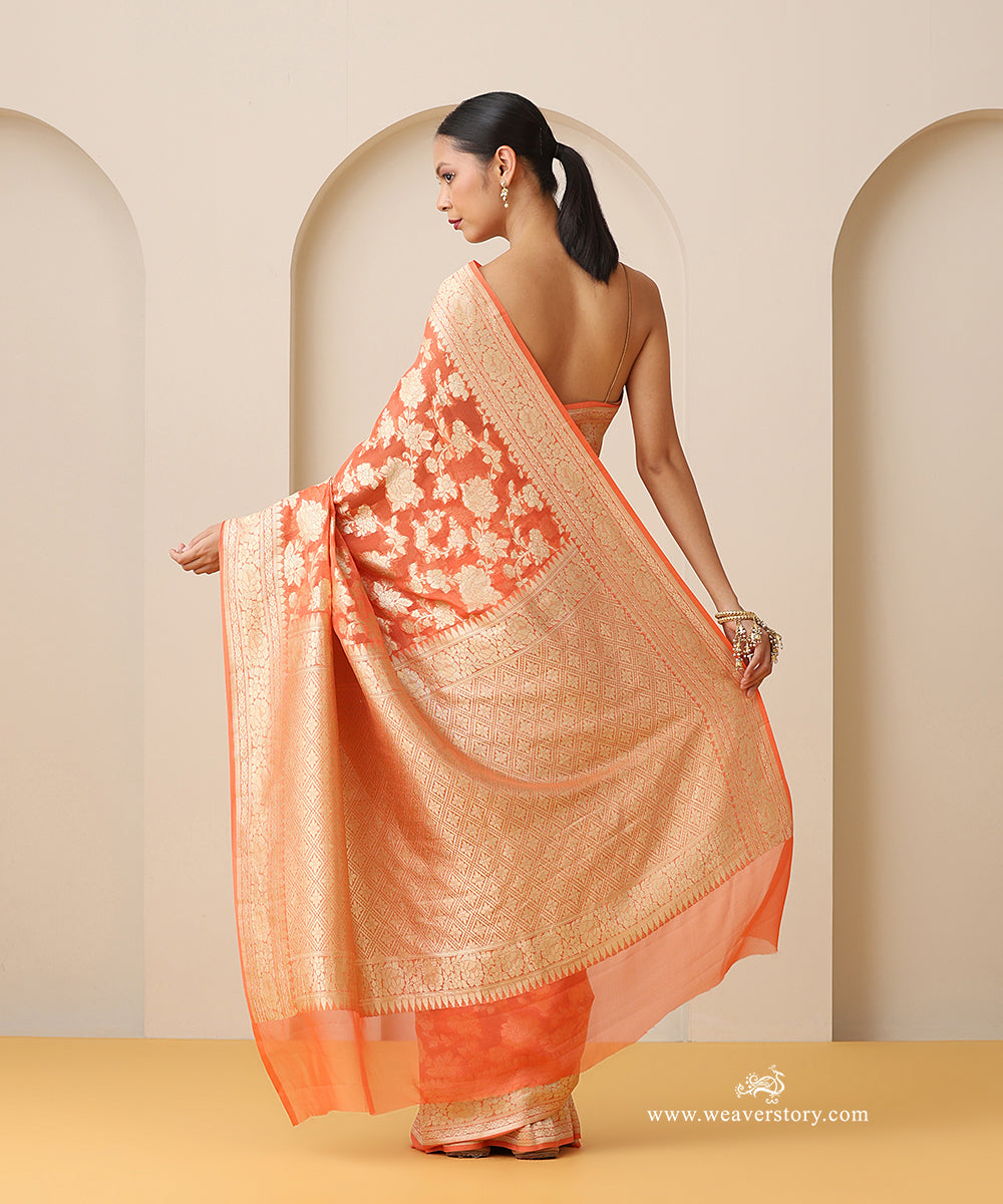 Peach_Orange_Handloom_Pure_Georgette_Banarasi_Cutwork_Saree_With_Allover_Rose_Jaal_WeaverStory_03