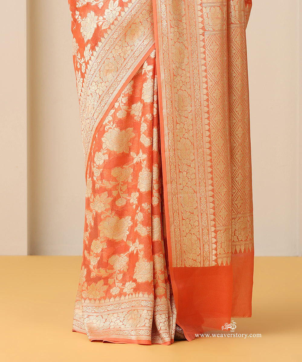 Peach_Orange_Handloom_Pure_Georgette_Banarasi_Cutwork_Saree_With_Allover_Rose_Jaal_WeaverStory_04