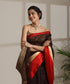 Brown_Handloom_Plain_Pure_Cotton_Chanderi_Saree_With_Red_Border_WeaverStory01