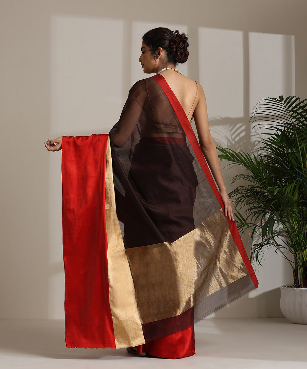 Brown_Handloom_Plain_Pure_Cotton_Chanderi_Saree_With_Red_Border_WeaverStory03