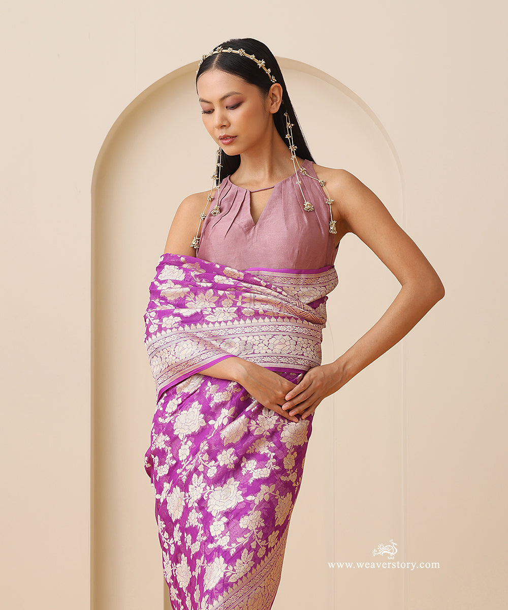 Plum_Handloom_Pure_Georgette_Banarasi_Cutwork_Saree_With_Allover_Rose_Jaal_WeaverStory_02