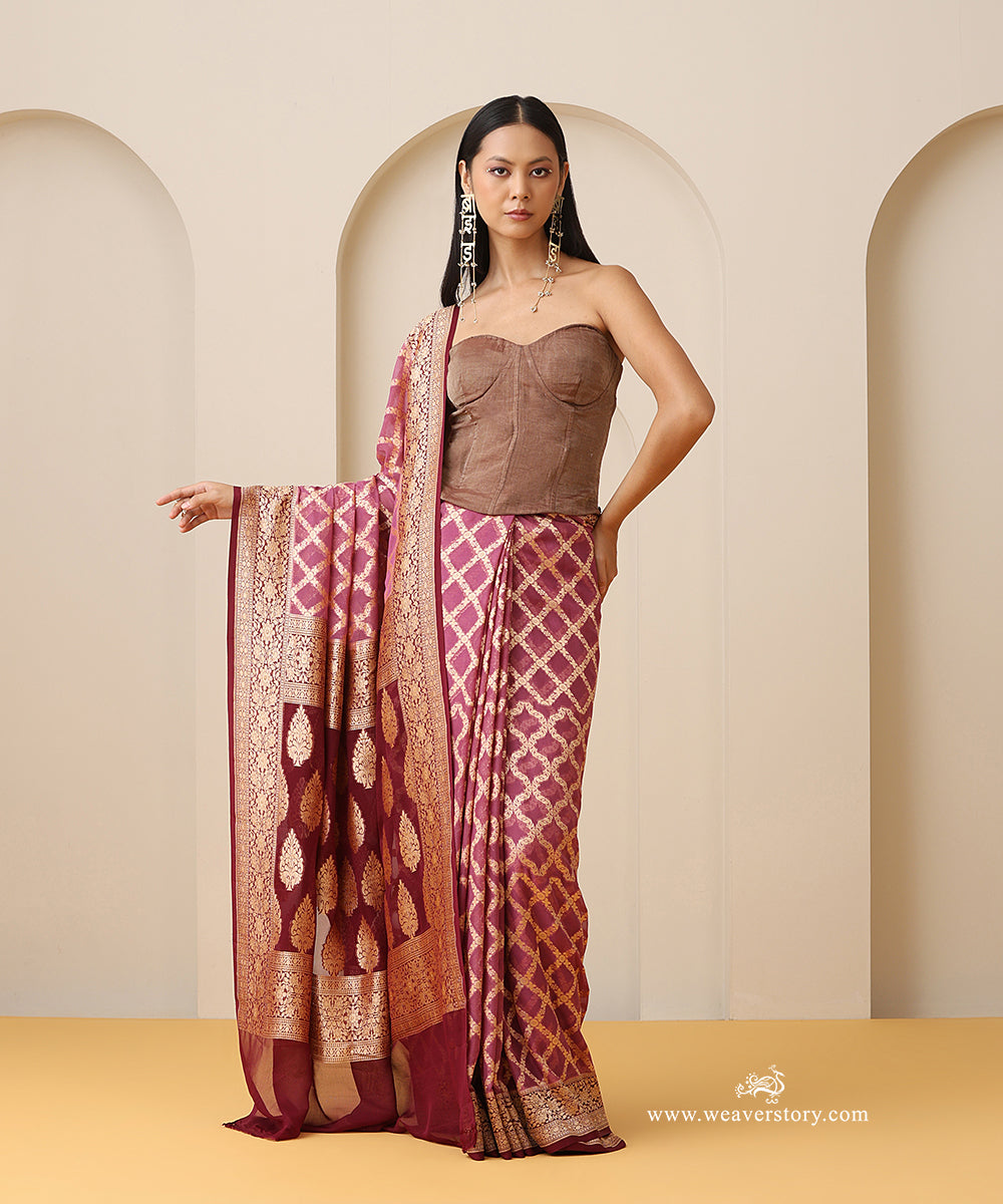 Onion_Pink_Handloom_Pure_Georgette_Banarasi_Cutwork_Saree_With_Wine_Contrast_Border_WeaverStory_01