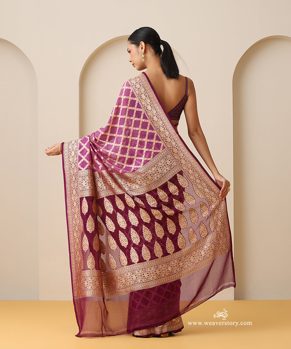 Onion_Pink_Handloom_Pure_Georgette_Banarasi_Cutwork_Saree_With_Wine_Contrast_Border_WeaverStory_03