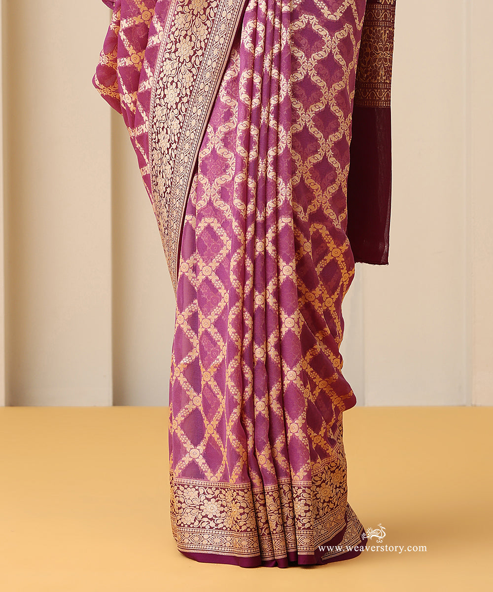 Onion_Pink_Handloom_Pure_Georgette_Banarasi_Cutwork_Saree_With_Wine_Contrast_Border_WeaverStory_04