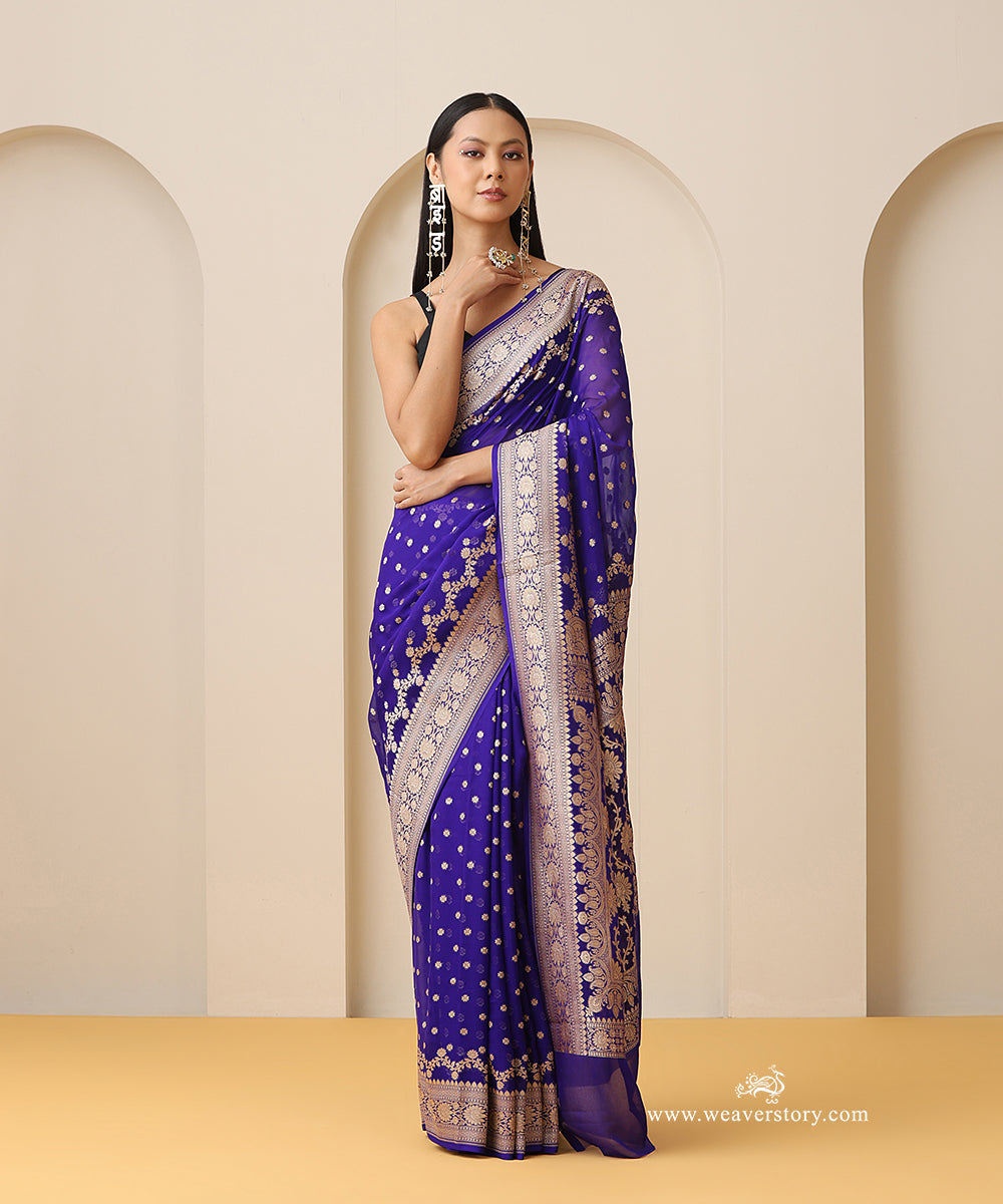 Ink_Blue_Handloom_Pure_Georgette_Banarasi_Saree_With_Small_Booti_And_Cutwork_Weave_WeaverStory_01