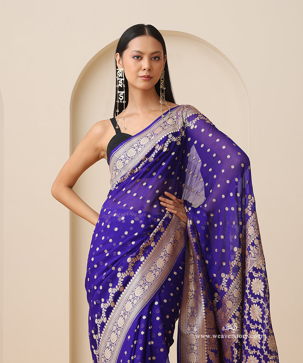Ink_Blue_Handloom_Pure_Georgette_Banarasi_Saree_With_Small_Booti_And_Cutwork_Weave_WeaverStory_02