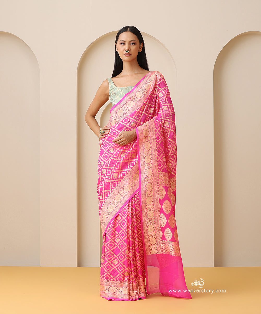 Neon_Pink_Handloom_Pure_Georgette_Banarasi_Saree_With_Allover_Barfi_Jaal_And_Cutwork_Weave_WeaverStory_01