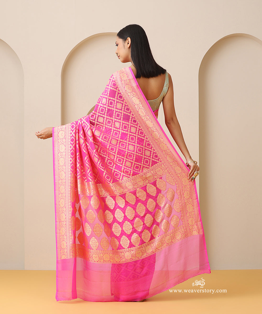 Neon_Pink_Handloom_Pure_Georgette_Banarasi_Saree_With_Allover_Barfi_Jaal_And_Cutwork_Weave_WeaverStory_03