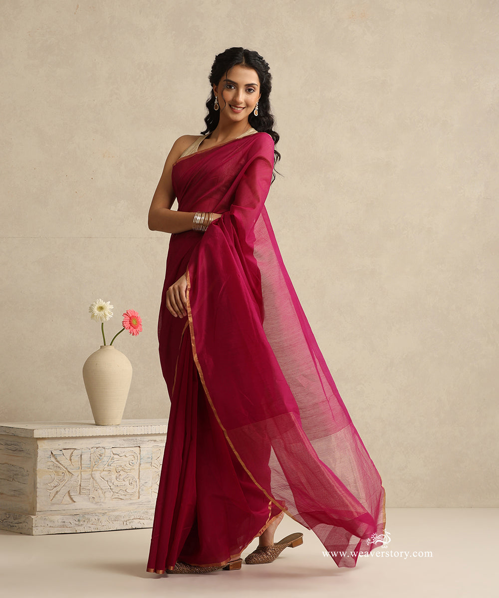 Plum_Handloom_Plain_Eknaliya_Chanderi_Saree_With_Gold_Selvedge_WeaverStory_01