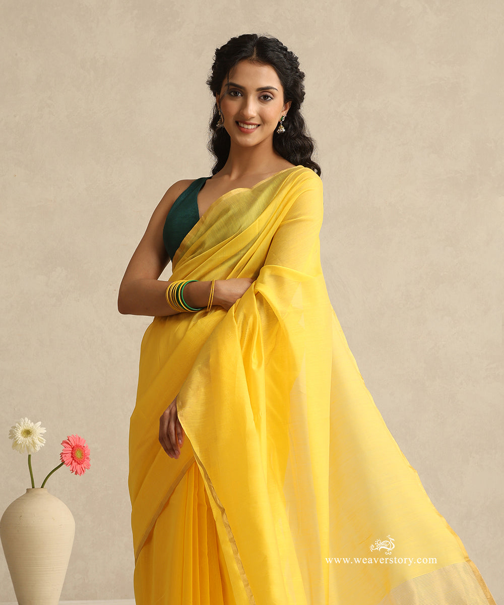 Yellow_Handloom_Plain_Eknaliya_Chanderi_Saree_With_Gold_Selvedge_WeaverStory_02