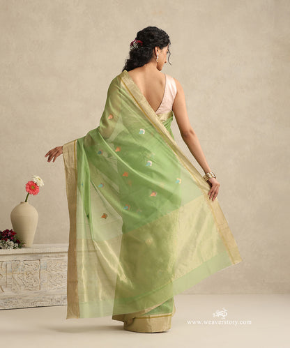 Lime_Green_Handloom_Cotton_Silk_Eknaliya_Chanderi_Saree_With_Eknaliya_Meena_Floral_Booti_And_Golden_Border_WeaverStory_03