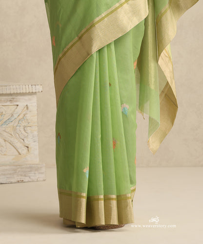 Lime_Green_Handloom_Cotton_Silk_Eknaliya_Chanderi_Saree_With_Eknaliya_Meena_Floral_Booti_And_Golden_Border_WeaverStory_04