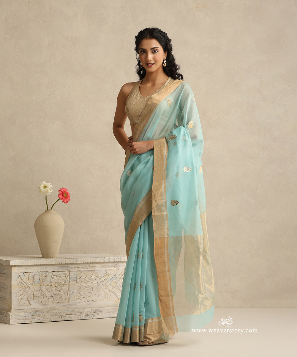 Ice_Blue_Handloom_Cotton_Silk_Eknaliya_Chanderi_Saree_With_Meena_Floral_Booti_And_Golden_Border_WeaverStory_01