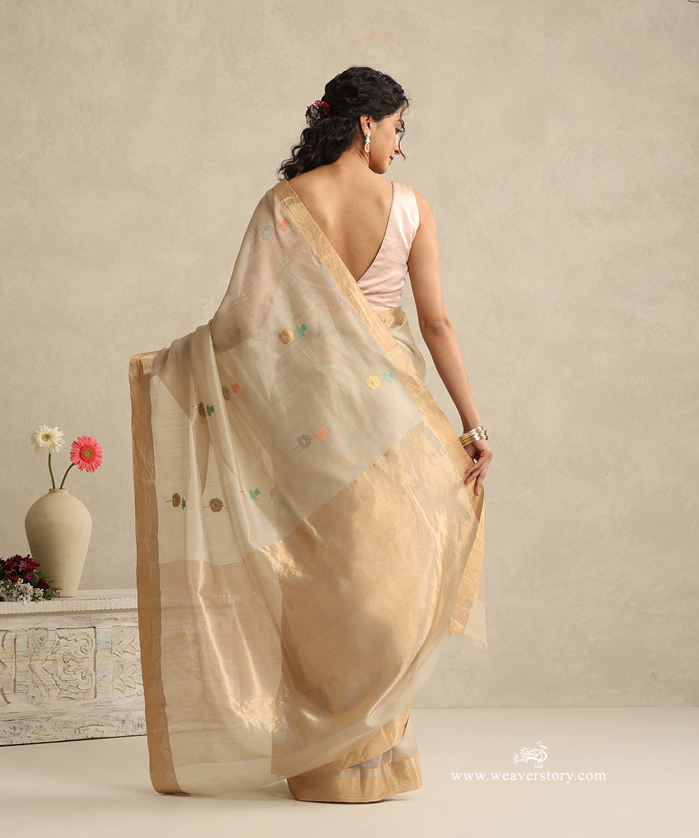 Beige_Handloom_Cotton_Silk_Eknaliya_Chanderi_Saree_Eknaliya_Lotus_Meena_Flower_Booti_WeaverStory_03