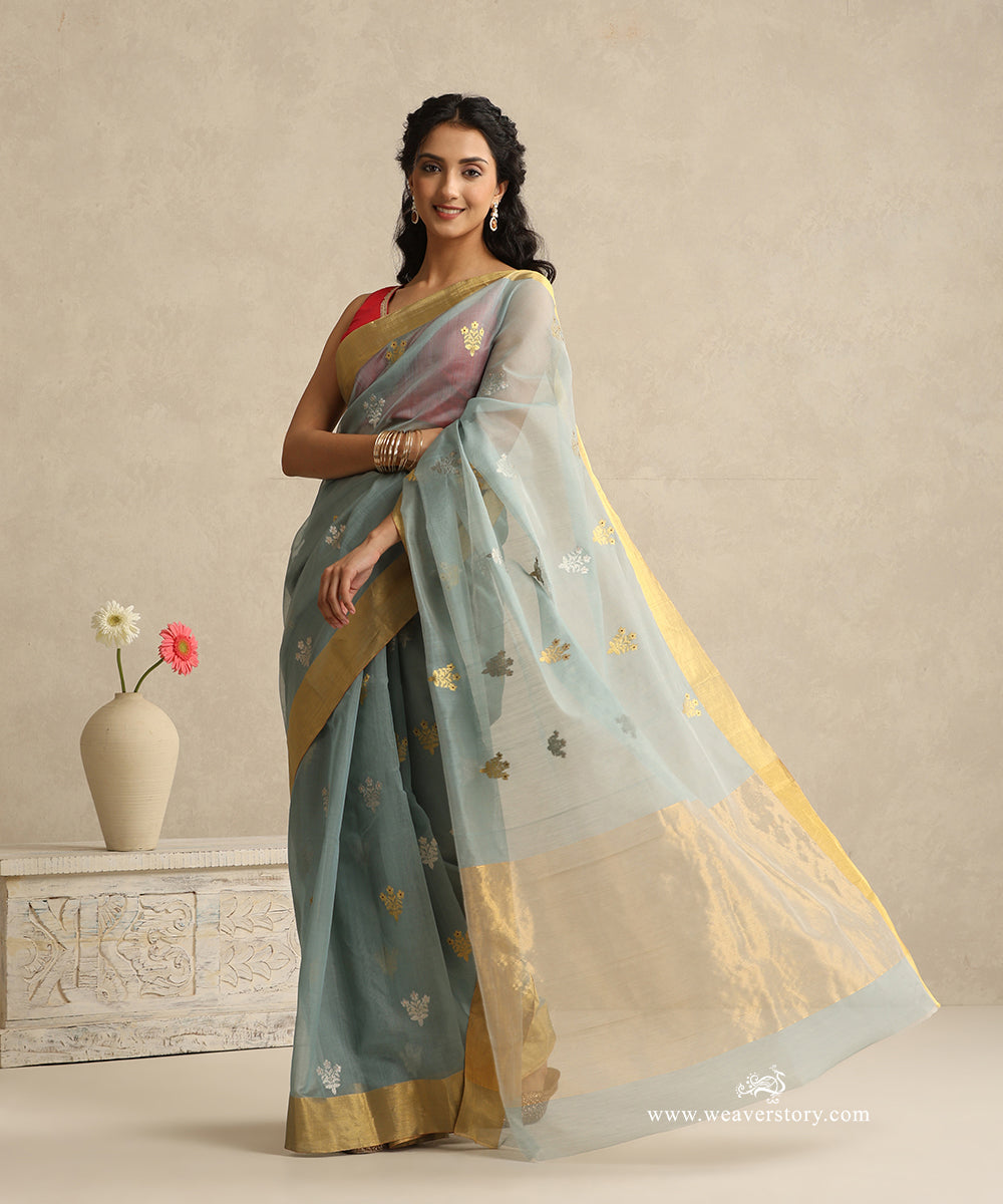 Cement_Grey_Handloom_Cotton_Silk_Eknaliya_Chanderi_Saree_With_Small_Meena_Flower_Booti_And_Golden_Border_WeaverStory_01