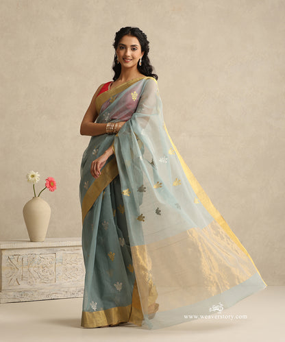 Cement_Grey_Handloom_Cotton_Silk_Eknaliya_Chanderi_Saree_With_Small_Meena_Flower_Booti_And_Golden_Border_WeaverStory_01