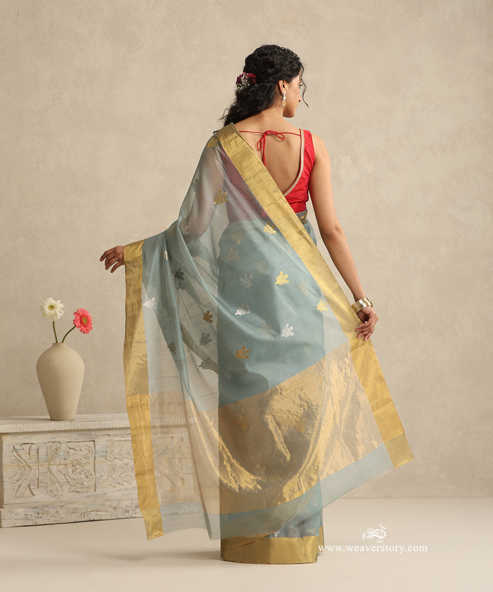 Cement_Grey_Handloom_Cotton_Silk_Eknaliya_Chanderi_Saree_With_Small_Meena_Flower_Booti_And_Golden_Border_WeaverStory_03
