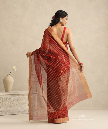 Maroon_Handloom_Silk_Eknaliya_Chanderi_Saree_With_Small_Zari_Lines_And_Gold_Big_Zari_Border_WeaverStory_03