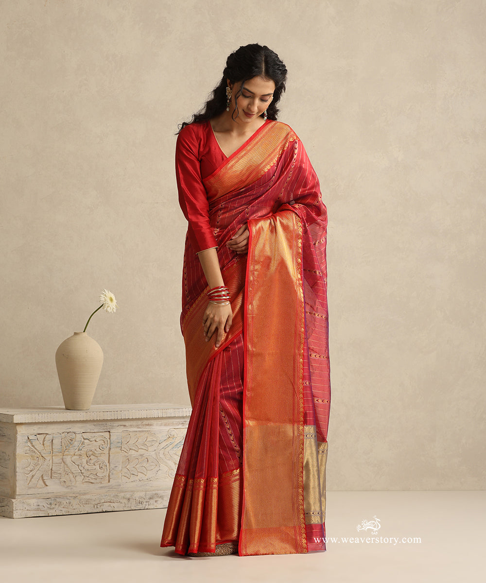 Teal_Handloom_Silk_Eknaliya_Chanderi_Saree_With_Small_Zari_Lines_And_Gold_Big_Zari_Border_WeaverStory_01