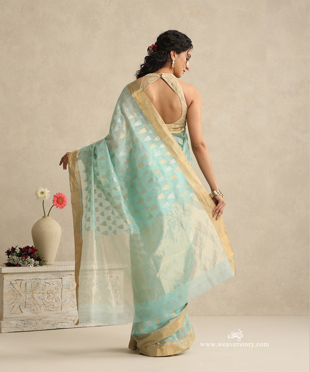 Soft_Aqua_Handloom_Cotton_Silk_Donaliya_Chanderi_Saree_With_Allover_Gold_Silver_Mogra_Booti_WeaverStory_03
