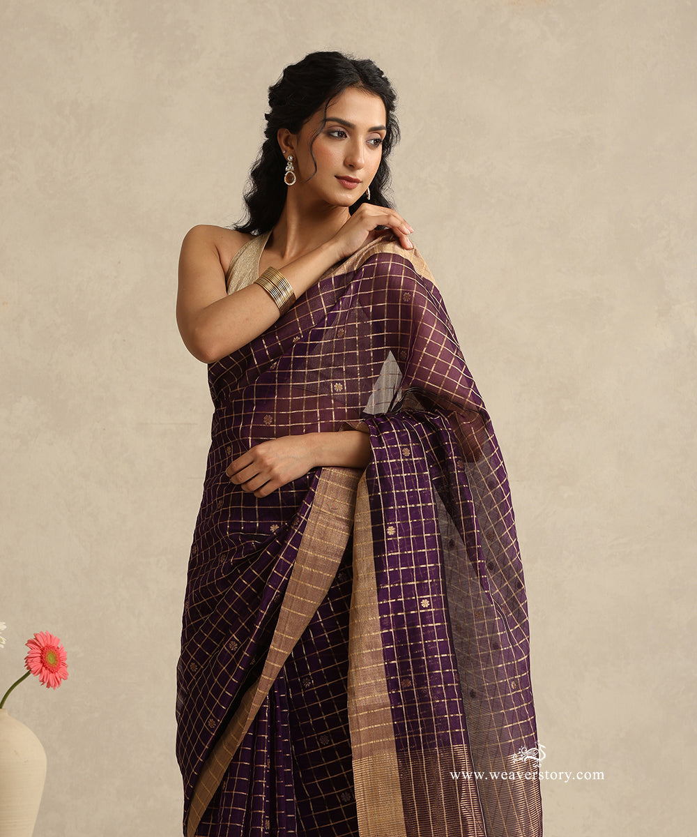 Maroon_Handloom_Cotton_Silk_Eknaliya_Chanderi_Booti_Saree_With_Checks_And_Booti_And_Golden_Border_WeaverStory_02