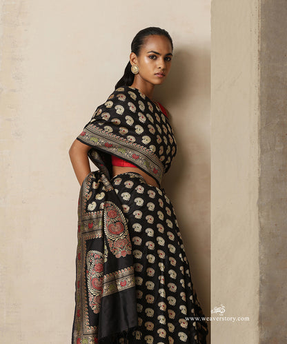 Black Handloom Pure Malda Silk Banarasi Baluchari Saree with Kalka Pallu