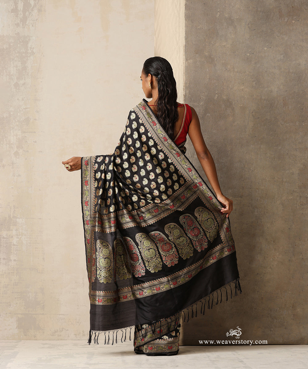 Black Handloom Pure Malda Silk Banarasi Baluchari Saree with Kalka Pallu