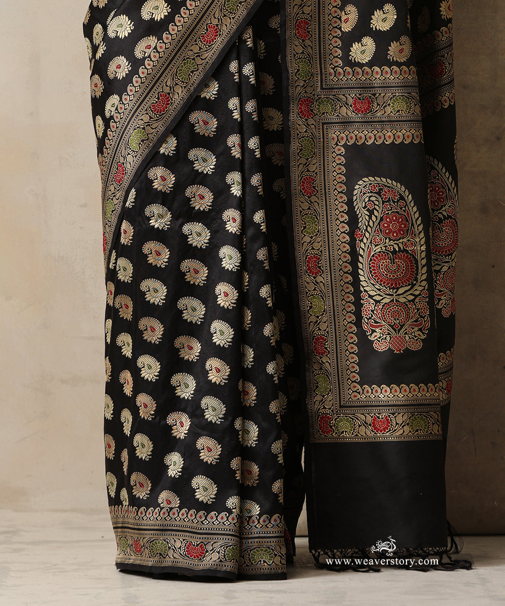 Black Handloom Pure Malda Silk Banarasi Baluchari Saree with Kalka Pallu