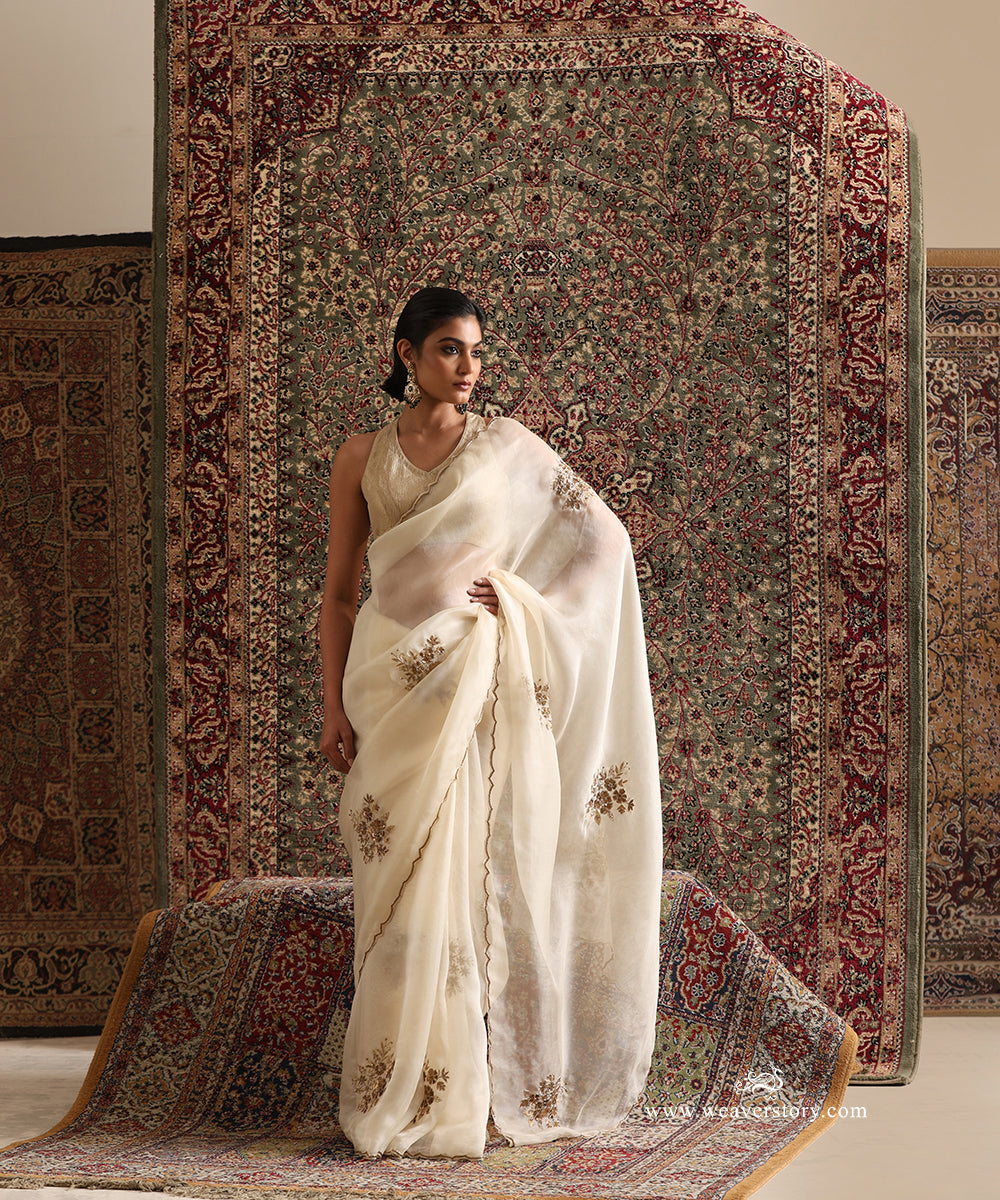 Ivory Off-White Handloom Organza Saree With Cutdana Hand Embroidery from Antara by WeaverStory