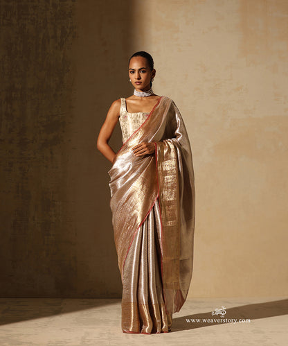 Soft Pink And Gold Handloom Pure Silk Tissue Tanchoi Banarasi Saree With Red Selvedge