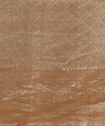 Soft Pink And Gold Handloom Pure Silk Tissue Tanchoi Banarasi Saree With Red Selvedge