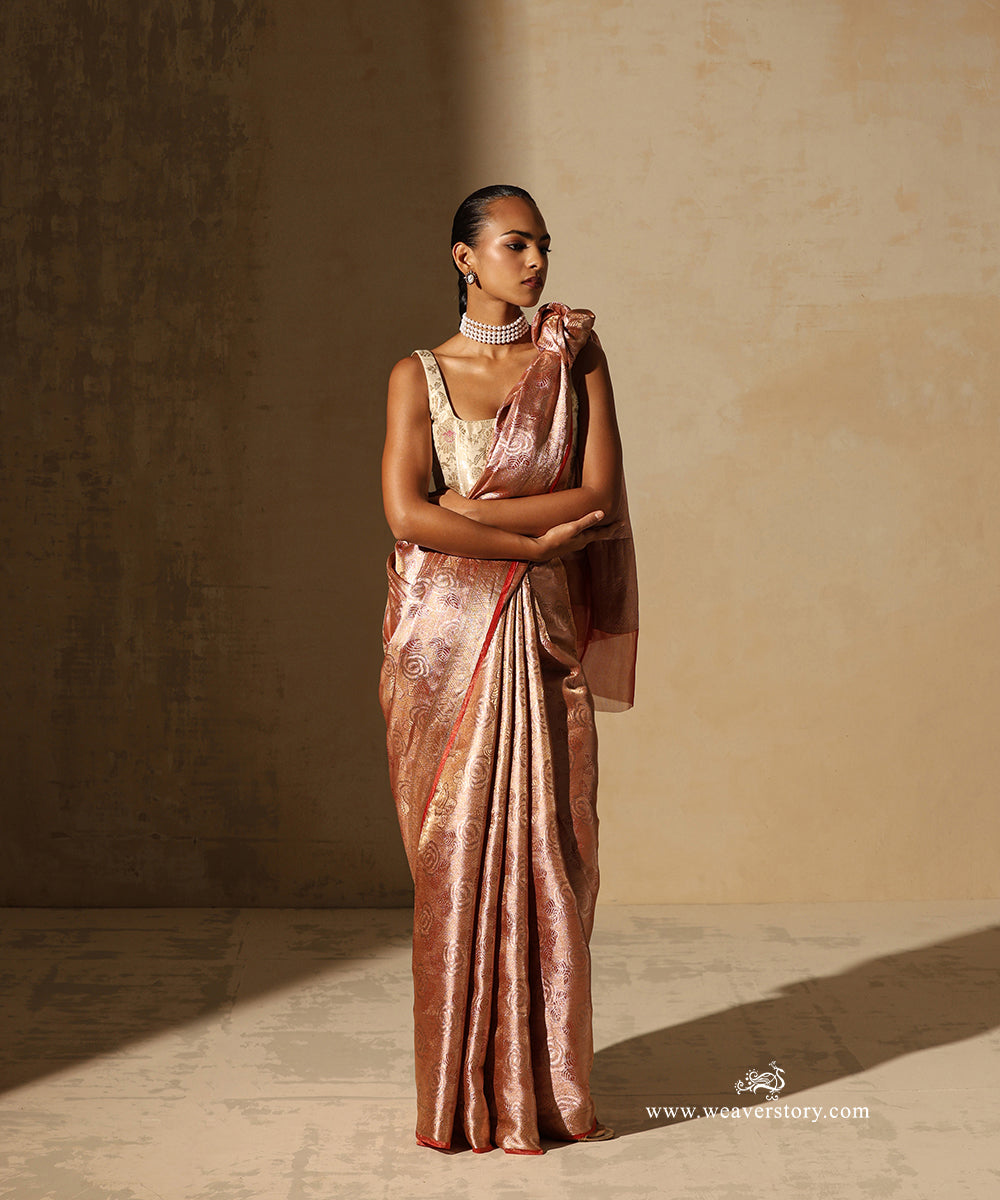 Rust Orange And Gold Handloom Pure Silk Tissue Tanchoi Banarasi Saree With Red Selvedge