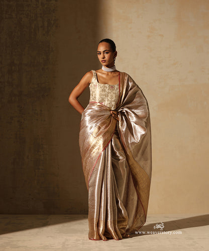 Soft Pink And Gold Handloom Pure Silk Tissue Tanchoi Banarasi Saree With Red Selvedge