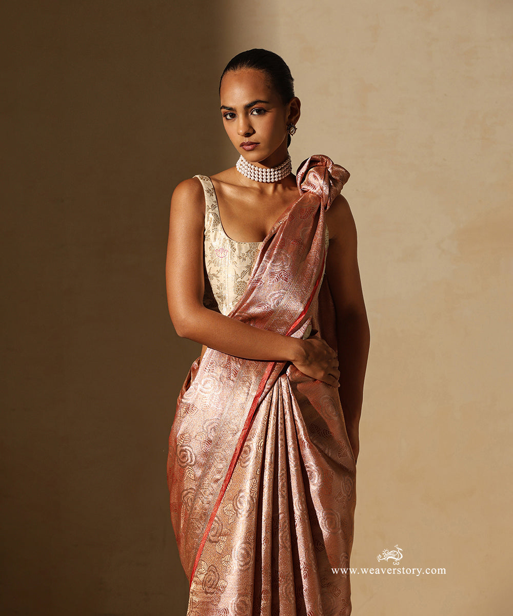 Rust Orange And Gold Handloom Pure Silk Tissue Tanchoi Banarasi Saree With Red Selvedge
