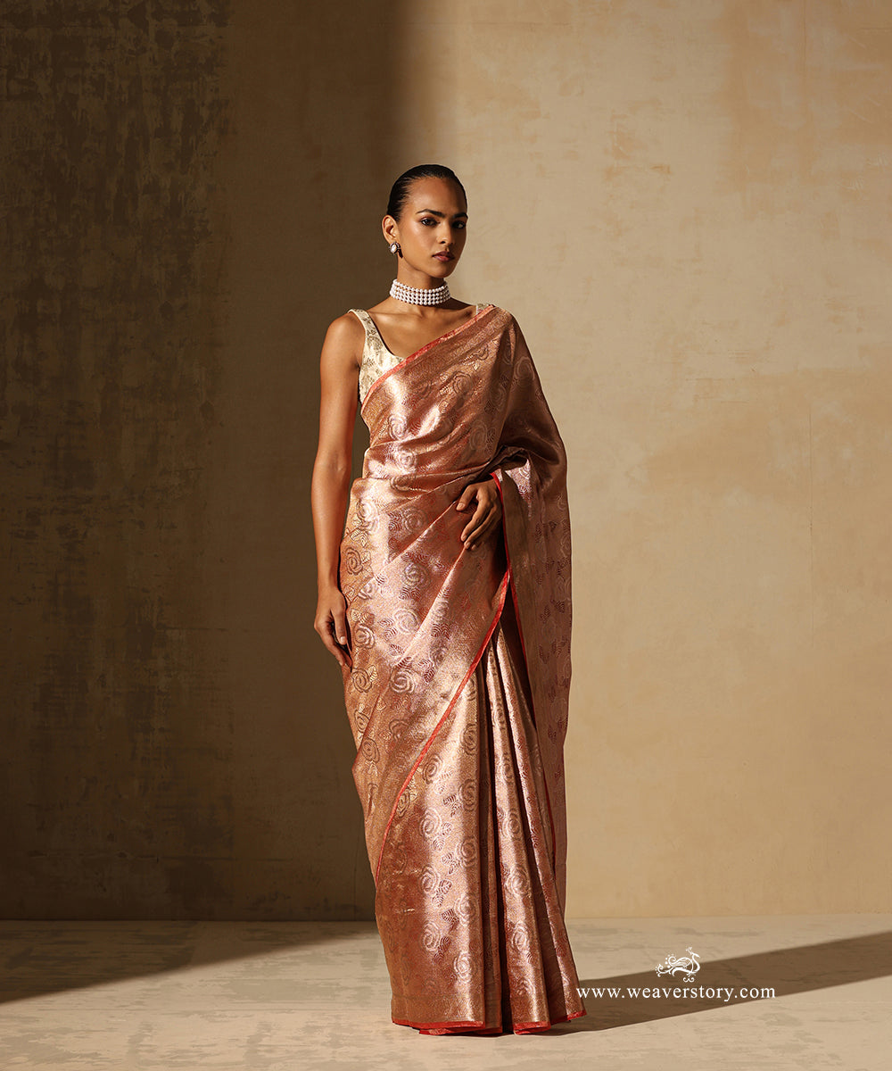 Rust Orange And Gold Handloom Pure Silk Tissue Tanchoi Banarasi Saree With Red Selvedge