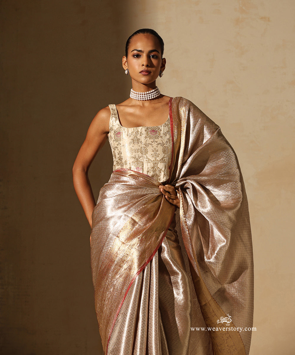 Soft Pink And Gold Handloom Pure Silk Tissue Tanchoi Banarasi Saree With Red Selvedge