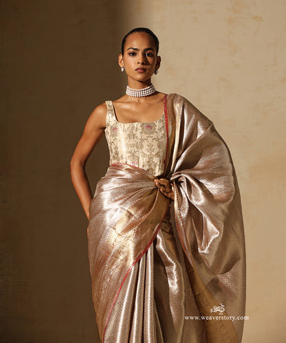 Soft Pink And Gold Handloom Pure Silk Tissue Tanchoi Banarasi Saree With Red Selvedge