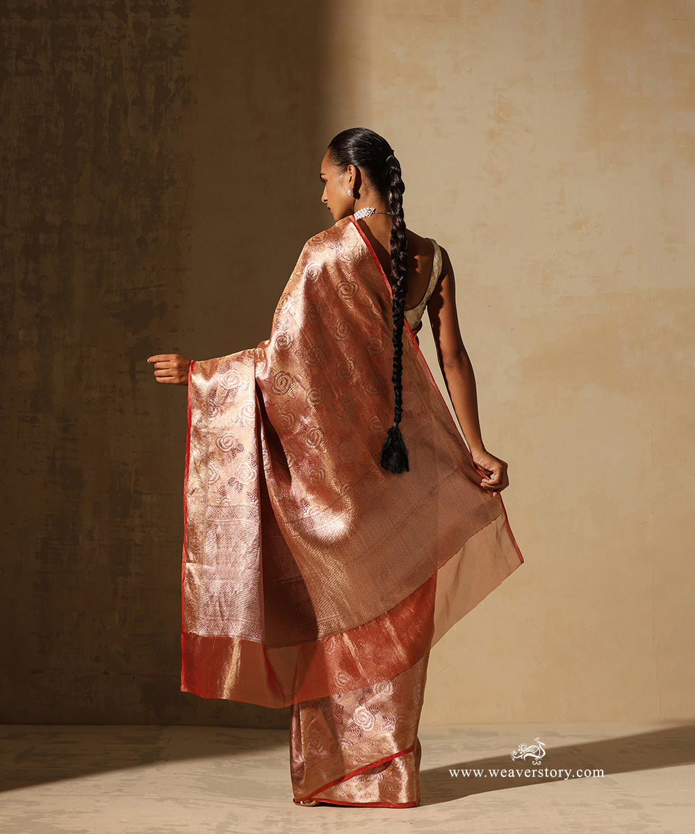 Rust Orange And Gold Handloom Pure Silk Tissue Tanchoi Banarasi Saree With Red Selvedge