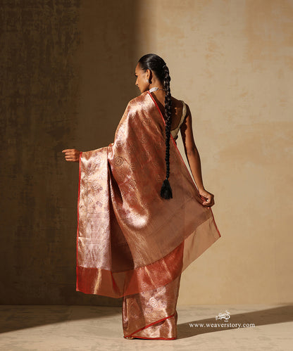 Rust Orange And Gold Handloom Pure Silk Tissue Tanchoi Banarasi Saree With Red Selvedge