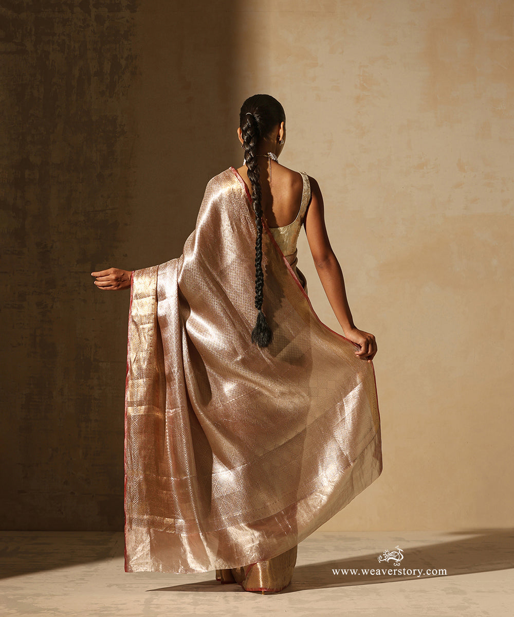 Soft Pink And Gold Handloom Pure Silk Tissue Tanchoi Banarasi Saree With Red Selvedge